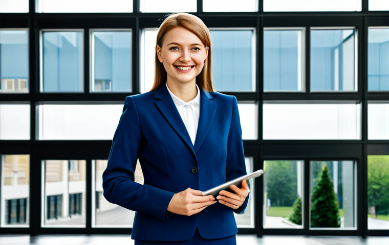 **

"A professional woman in a stylish, modest business suit standing in a modern office in Warsaw, Poland. She is smiling confidently and holding a tablet. The background includes the Palace of Culture and Science. Fully clothed, appropriate attire, safe for work, perfect anatomy, correct proportions, professional photography, high quality, family-friendly."

**
