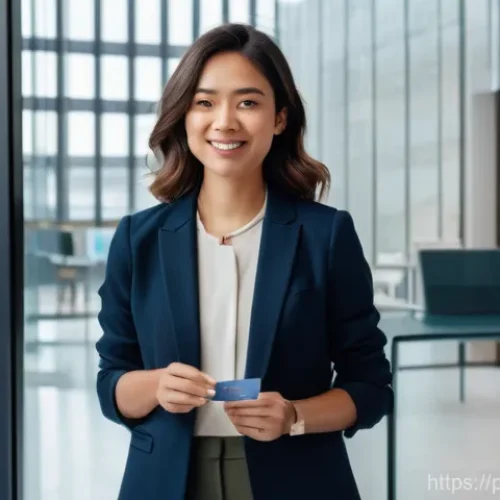 체크카드로 투자 시작하기 - A confident woman in her late 20s to early 30s, dressed in a sharp yet approachable smart-casual out...