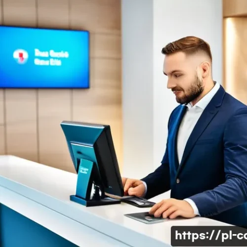 신용카드 한도 초과 해결 방법 - A detailed modern Polish bank customer service scene inside a bright, clean bank branch in Warsaw, s...