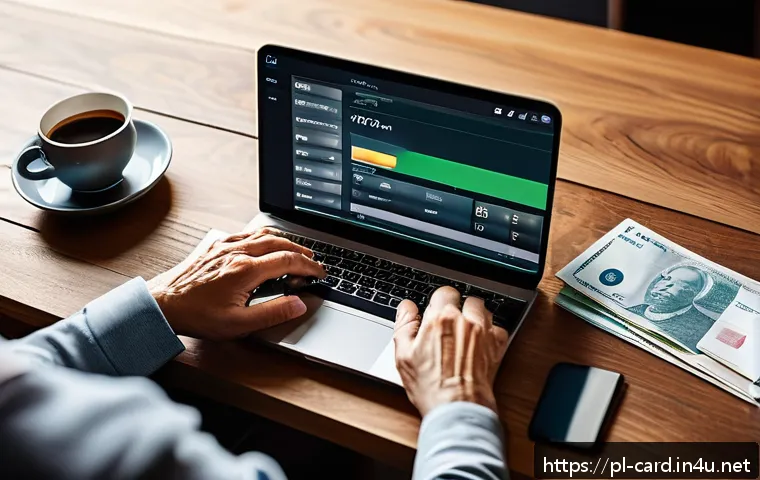 카드 리볼빙 서비스 장단점 - A detailed illustration of a middle-aged Polish person sitting at a modern wooden desk in a cozy hom...